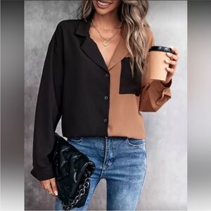 SHEIN Black & Tan Colorblock Button Down Shirt (M)